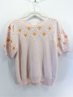 Anthropologie Numph Nudullis Short Sleeve Wool Blend Sweater Floral Embroidered
